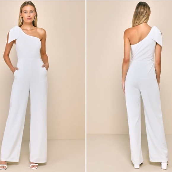 LULU's Wedding Bridal Shower Sexy Modern Chic One Shoulder Jumpsuit Pantsuit - Picture 1 of 3